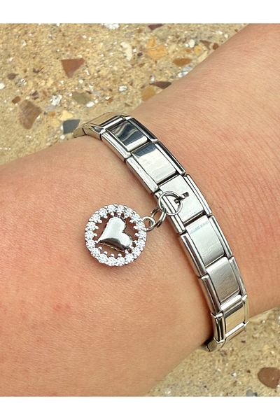 Snartun Zircon Stone Heart Themed Steel Charm and Italian Steel Bracelet I Special Boxed