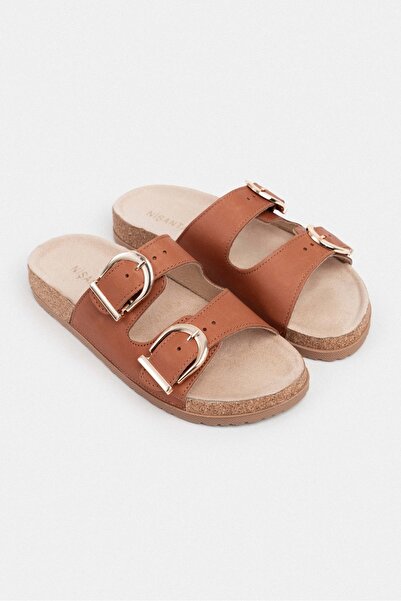 NİŞANTAŞI SHOES Γυναικείες παντόφλες Michelle Taba από γνήσιο δέρμα ματ επίπεδη σόλα με λεπτομέρεια διπλής πόρπης