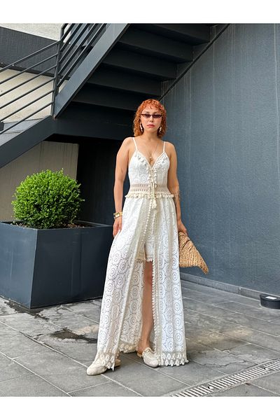 Bak'ap Preum Design Imported Lace Tassel Embroidery Detailed Festival Bohemian Shorts Jumpsuit 3 Piece Set