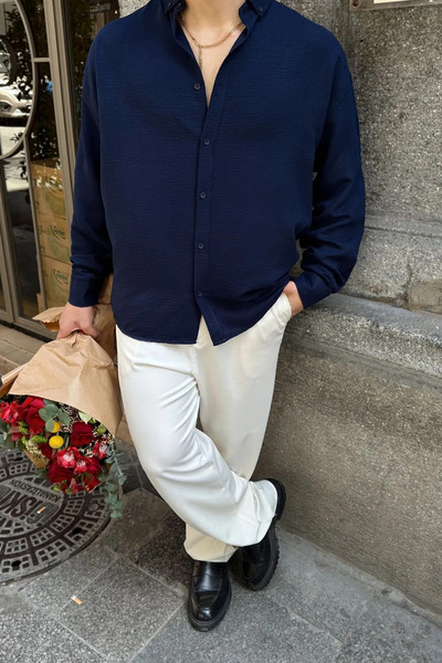 Richarlison Erkek Koyu Lacivert Keten Dokulu Uzun Kollu Oversize Gömlek