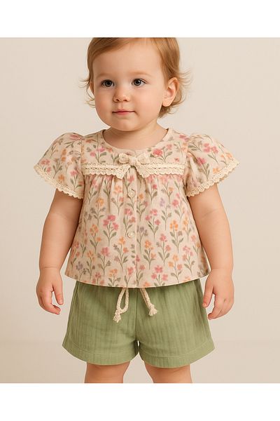 Aşina Baby Girl, Children's Muslim Suit 100% Cotton Muslim Bottom Top 2-Piece Suit