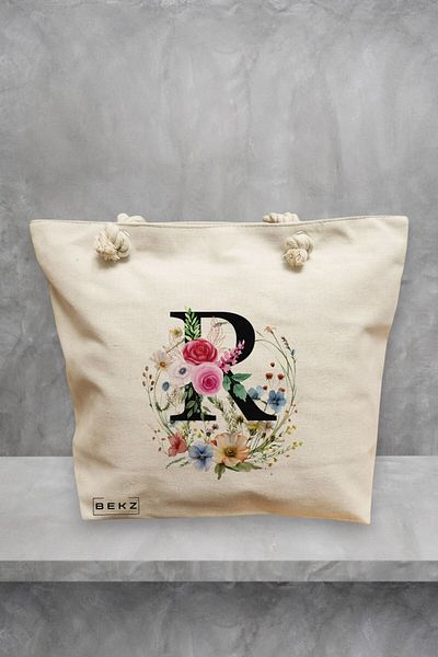 BEKZ Geanta de plaja, Cu litera R in Coronita Florala, 40x51 cm, Crem, BEKZ®