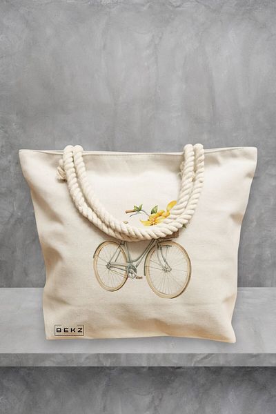 BEKZ Geanta de plaja, model Lemons on bicycle, 40x51 cm, Crem, BEKZ®
