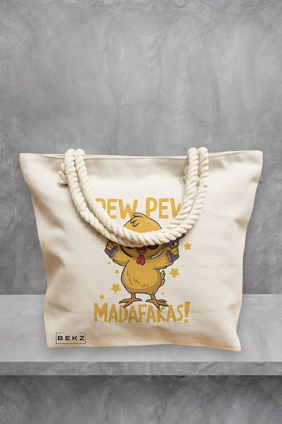 BEKZ Geanta de plaja, model Pew pew madafakas, 40x51 cm, Crem, BEKZ®