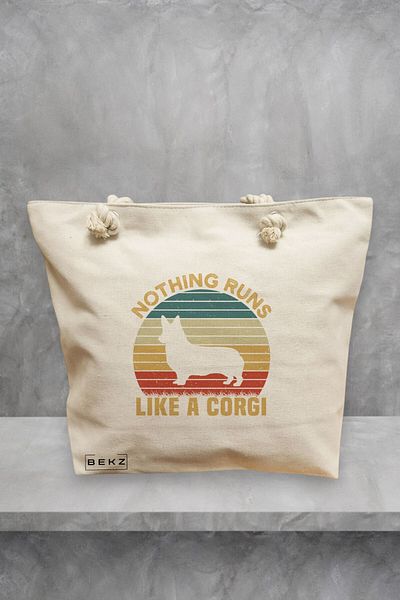 BEKZ Geanta de plaja, model Nothing runs like a corgi, 40x51 cm, Crem, BEKZ®