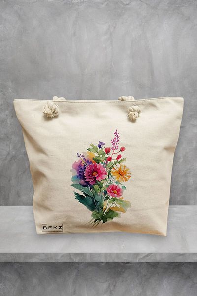 BEKZ Geanta de plaja, model The Bouquet, 40x51 cm, Crem, BEKZ®
