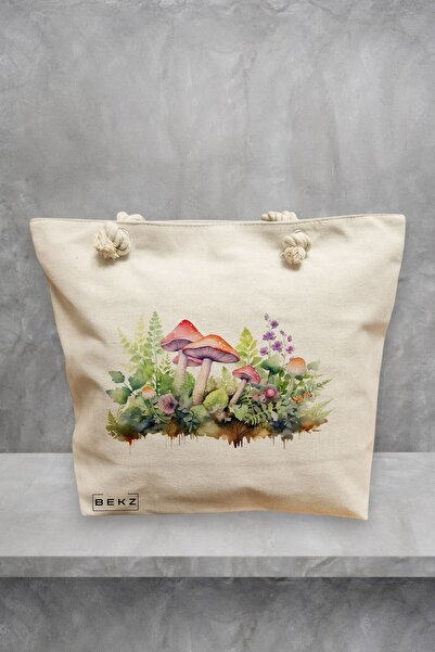 BEKZ Τσάντα θαλάσσης με πολύχρωμα μανιτάρια 11, 40x51 εκ., κρεμ, BEKZ®