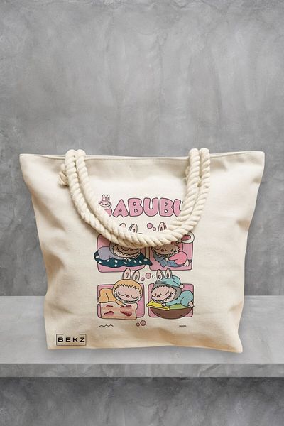 BEKZ Geanta de plaja, model Labubu 18, 40x51 cm, Crem, BEKZ®
