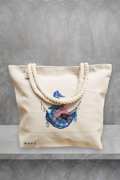 BEKZ Geanta de plaja, model The Bookish Gnome 11, 40x51 cm, Crem, BEKZ®