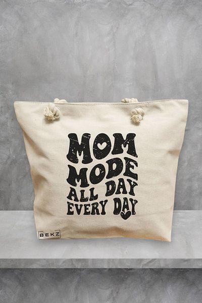 BEKZ Geanta de plaja, model Mom mode all day every day, 40x51 cm, Crem, BEKZ®