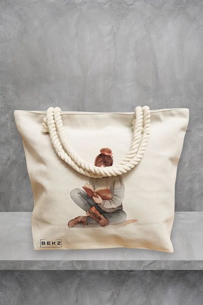 BEKZ Geanta de plaja, model The bookie girl 36, 40x51 cm, Crem, BEKZ®