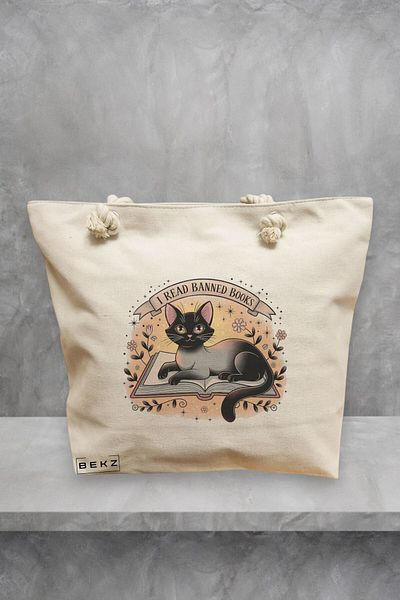 BEKZ Geanta de plaja, model I read banned books, 40x51 cm, Crem, BEKZ®