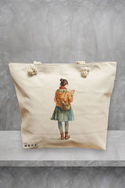 BEKZ Geanta de plaja, model The bookie girl 25, 40x51 cm, Crem, BEKZ®