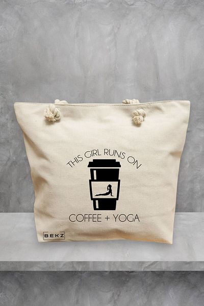 BEKZ Geanta de plaja Yoga This Girl runs on coffe and yoga 2, 40x51 cm, Crem, BEKZ®