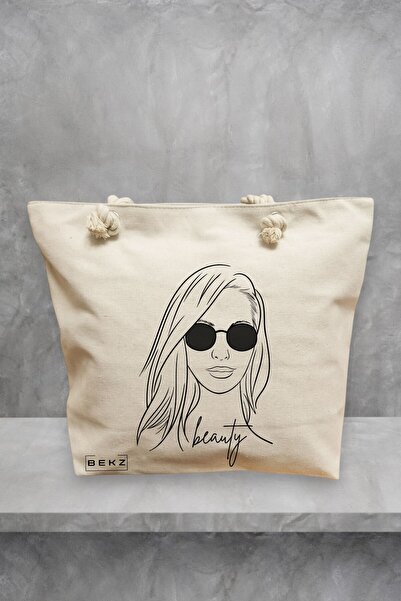 BEKZ Geanta de plaja, model Beauty Girl, 40x51 cm, Crem, BEKZ®