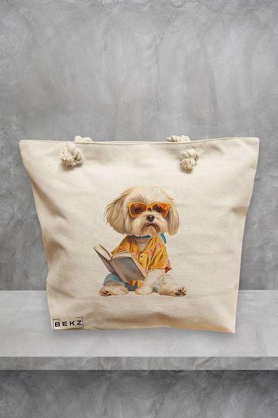 BEKZ Geanta de plaja, model Reading puppy 15, 40x51 cm, Crem, BEKZ®