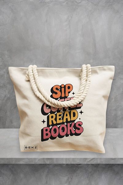 BEKZ Geanta de plaja, model Sip Coffee read books, 40x51 cm, Crem, BEKZ®