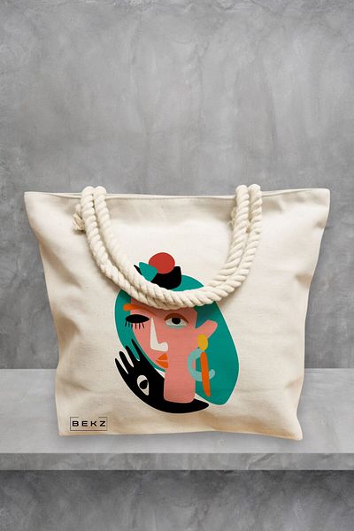 BEKZ Geanta de plaja, model Abstract face, 40x51 cm, Crem, BEKZ®
