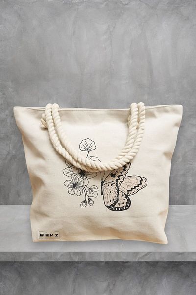 BEKZ Geanta de plaja, model Minimalist Butterfly, 40x51 cm, Crem, BEKZ®