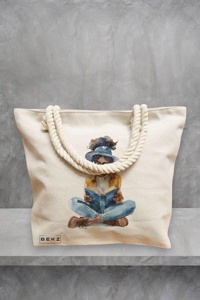 BEKZ Geanta de plaja, model The bookie girl 32, 40x51 cm, Crem, BEKZ®