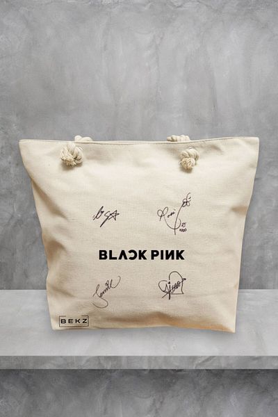 BEKZ Geanta de plaja, model Blackpink 8 cu semnaturii, 40x51 cm, Crem, BEKZ®