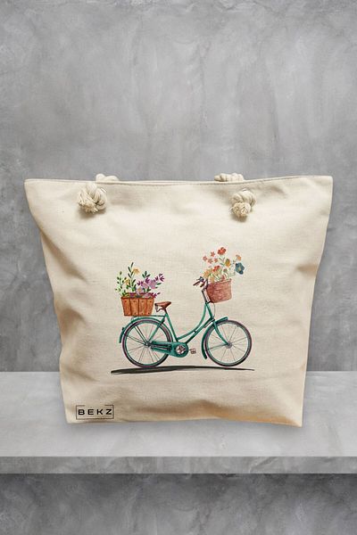 BEKZ Geanta de plaja, model Artistic Bicycle, 40x51 cm, Crem, BEKZ®