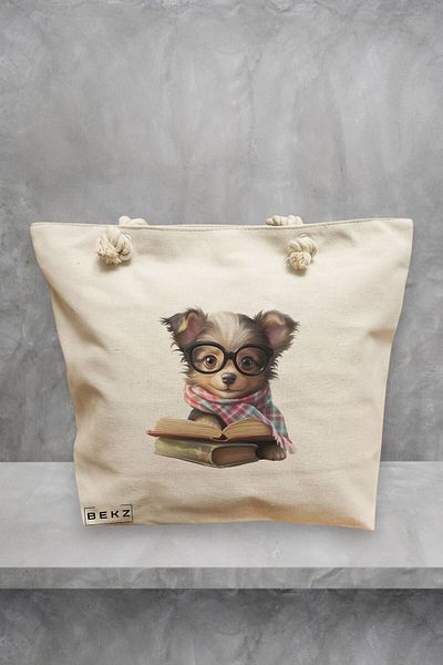 BEKZ Geanta de plaja, model Reading puppy 21, 40x51 cm, Crem, BEKZ®