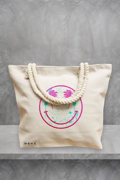BEKZ Geanta de plaja, model Beach Smile, 40x51 cm, Crem, BEKZ®
