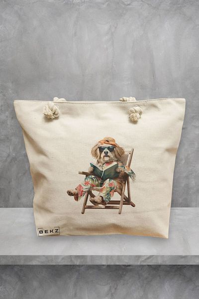 BEKZ Geanta de plaja, model Reading puppy 17, 40x51 cm, Crem, BEKZ®
