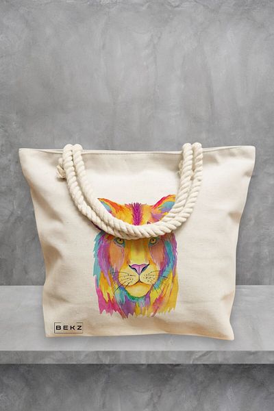 BEKZ Geanta de plaja, model Watercolor Lion, 40x51 cm, Crem, BEKZ®