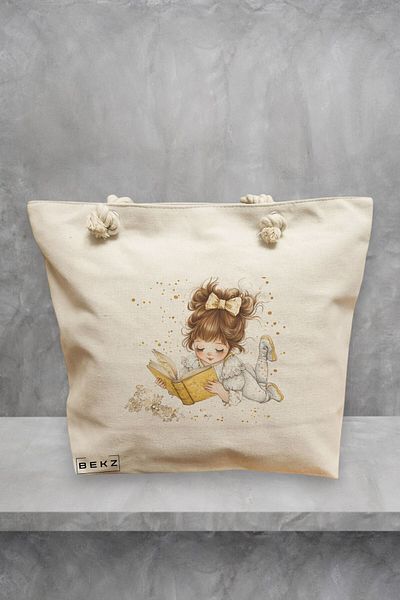BEKZ Geanta de plaja, model The bookie girl 5, 40x51 cm, Crem, BEKZ®