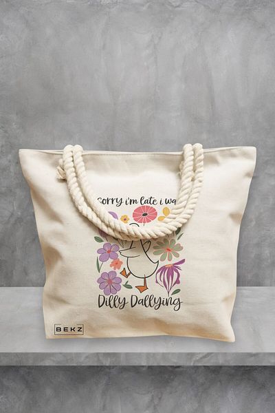 BEKZ Geanta de plaja, model Sorry I’m late I was dilly dallying 2, 40x51 cm, Crem, BEKZ®