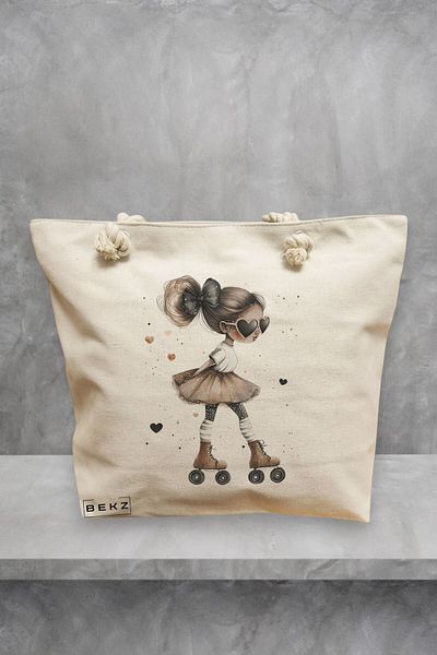 BEKZ Geanta de plaja, model The rolling girl 2, 40x51 cm, Crem, BEKZ®