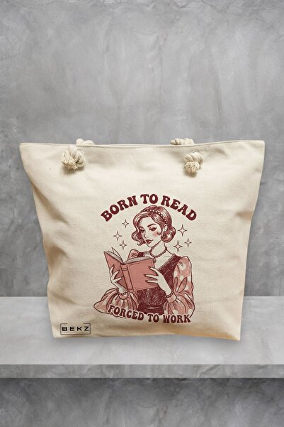 BEKZ Geanta de plaja, model Born to read, Forced to work, 40x51 cm, Crem, BEKZ®
