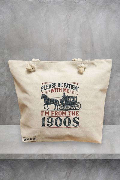 BEKZ Geanta de plaja, model Please be patient with me 90s, 40x51 cm, Crem, BEKZ®