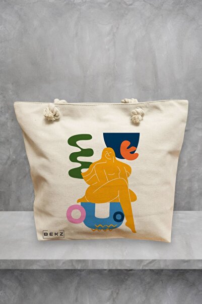 BEKZ Τσάντα θαλάσσης, αφηρημένο μοντέλο ανθρώπινης τέχνης, 40x51 εκ., κρεμ, B...