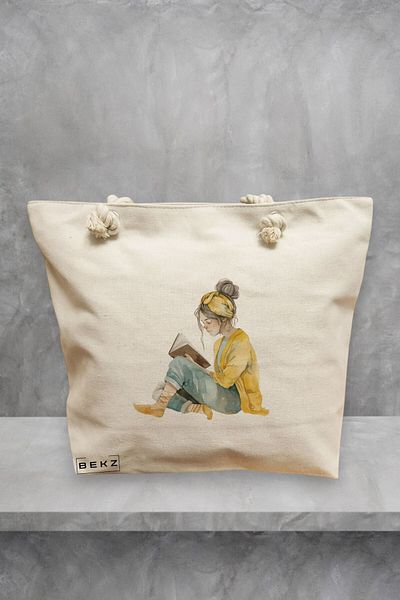 BEKZ Geanta de plaja, model The bookie girl 35, 40x51 cm, Crem, BEKZ®