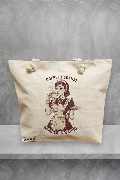 BEKZ Geanta de plaja, model Coffee because murder is wrong, 40x51 cm, Crem, BEKZ®