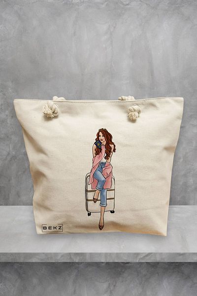 BEKZ Geanta de plaja Travel Girl, 40x51 cm, Crem, BEKZ®