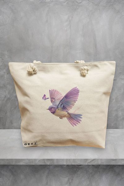 BEKZ Geanta de plaja, model Colorful Baby bird, 40x51 cm, Crem, BEKZ®