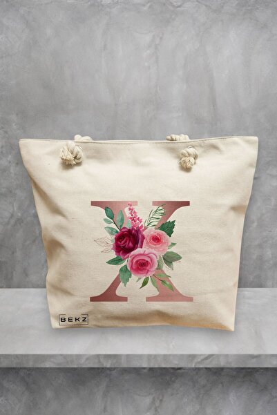 BEKZ Τσάντα θαλάσσης, με το γράμμα X ροζ χρυσό και τριαντάφυλλα, 40x51 εκ., κ...
