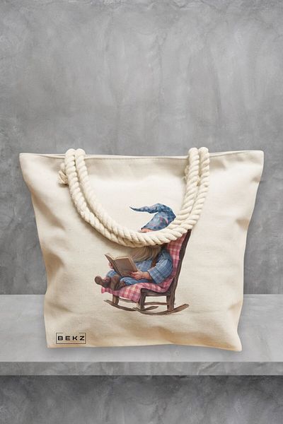 BEKZ Geanta de plaja, model The Bookish Gnome 6, 40x51 cm, Crem, BEKZ®