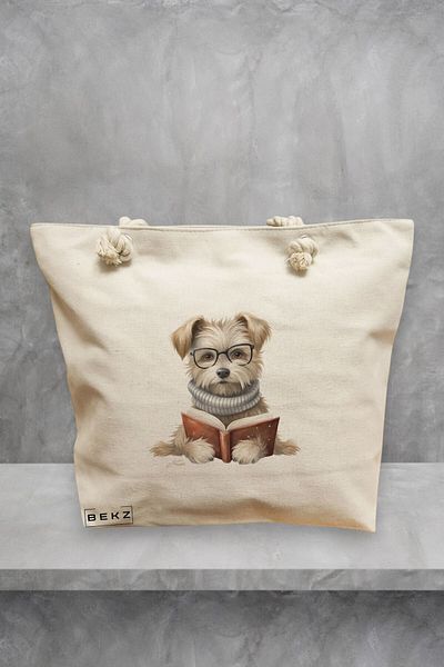 BEKZ Geanta de plaja, model Reading puppy 4, 40x51 cm, Crem, BEKZ®