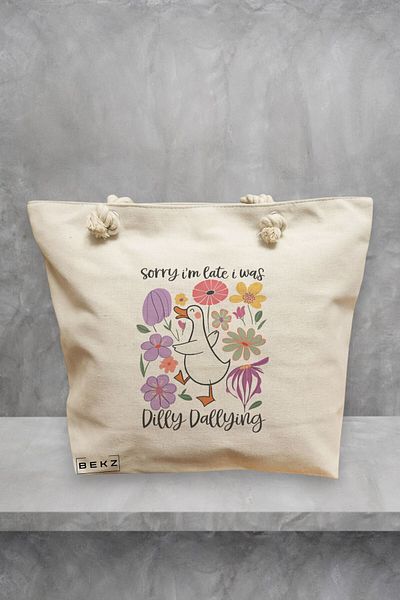BEKZ Geanta de plaja, model Sorry I’m late I was dilly dallying 2, 40x51 cm, Crem, BEKZ®