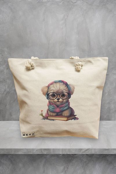 BEKZ Geanta de plaja, model Reading puppy 24, 40x51 cm, Crem, BEKZ®