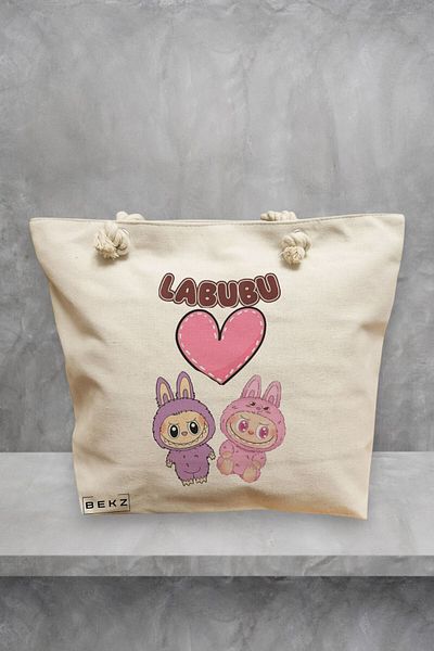 BEKZ Geanta de plaja, model Labubu 1, 40x51 cm, Crem, BEKZ®