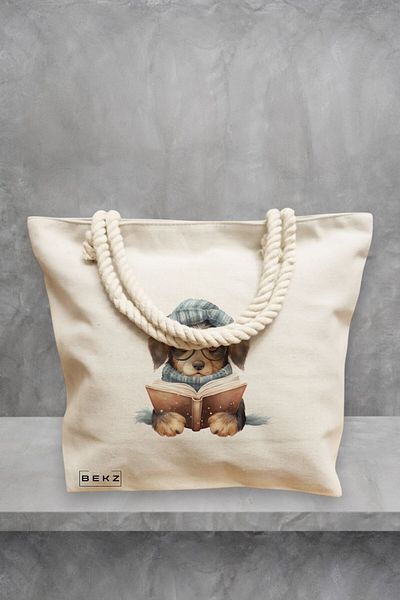 BEKZ Geanta de plaja, model Reading puppy 1, 40x51 cm, Crem, BEKZ®