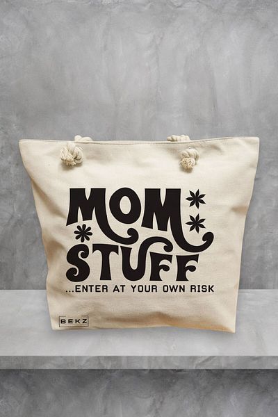 BEKZ Geanta de plaja, model Mom stuff, enter at your own risk, 40x51 cm, Crem, BEKZ®