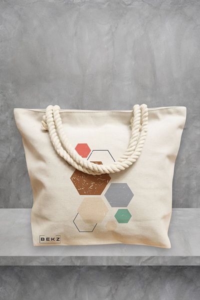 BEKZ Geanta de plaja, model Hexagons Pattern, 40x51 cm, Crem, BEKZ®