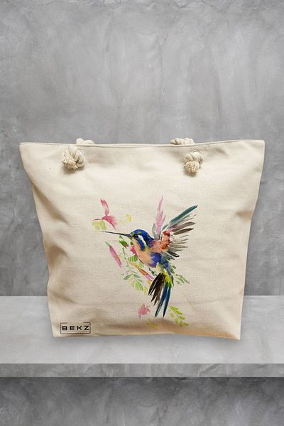 BEKZ Geanta de plaja, model Watercolor Bird, 40x51 cm, Crem, BEKZ®